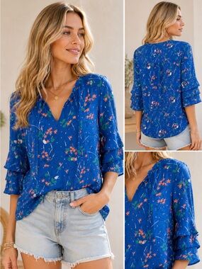 GAP Blue Floral Boho Blouse Ruffle Sleeve Lightweight Flowy Top S lightweight